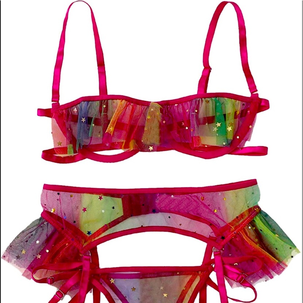 Women's 3 Pieces Mesh Ruffle Sexy Garter Lingerie Set